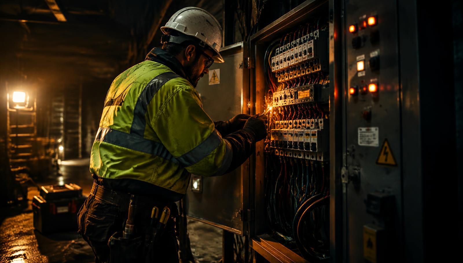 Electrician working on an industrial distribution board