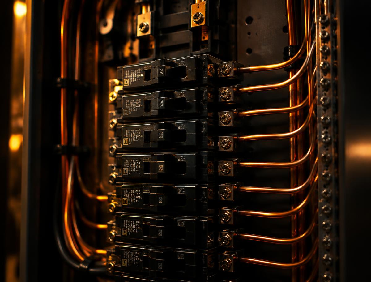 Copper wiring in a circuit breaker panel